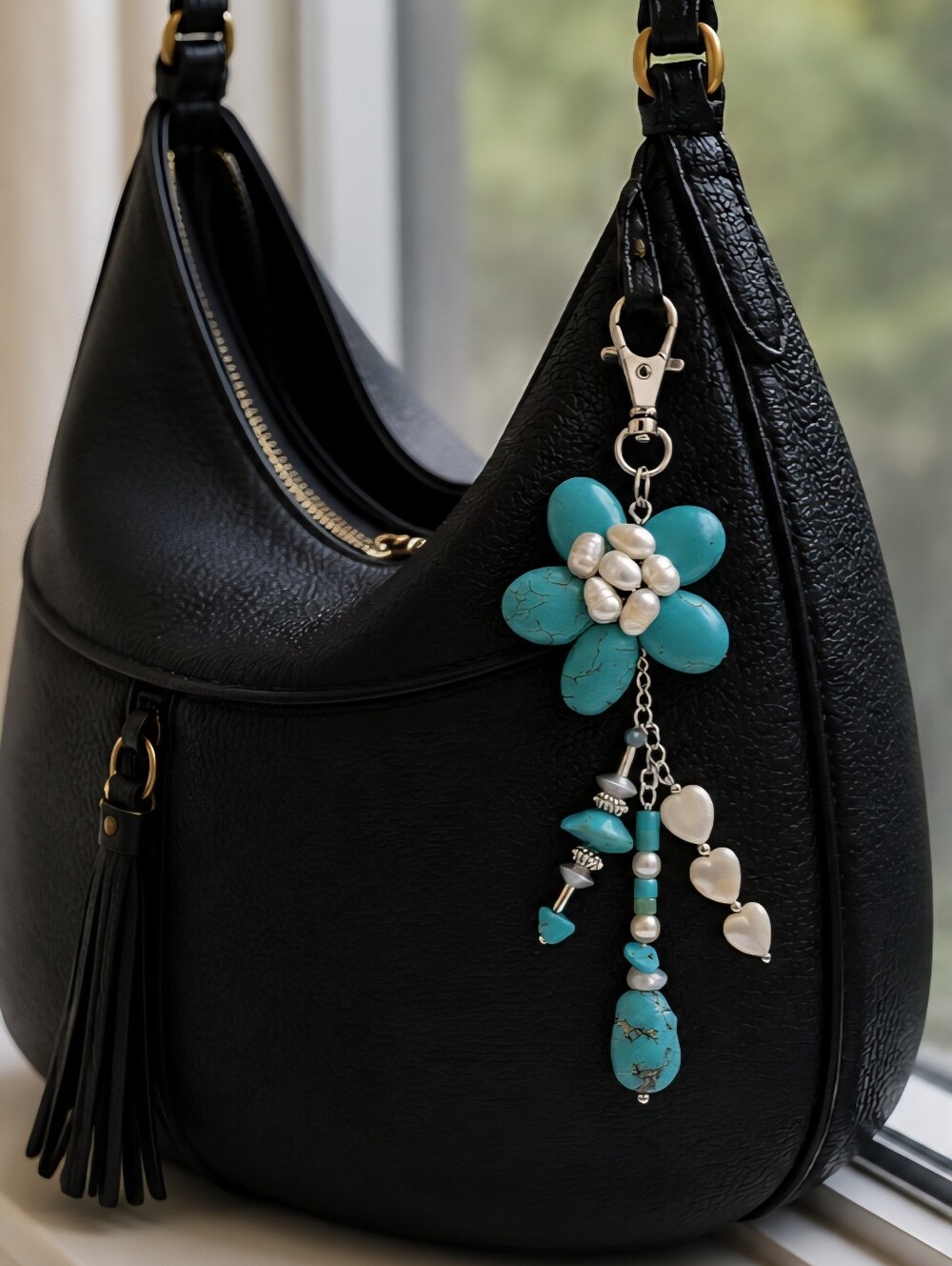 Turquoise Flower Pearl Charm Pendant Keychain/ Bag Charm- Women's Jewelry